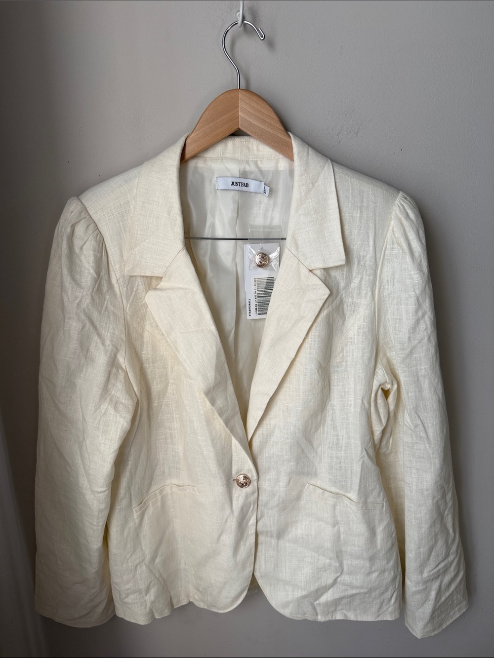 JustFab Ivory Linen Look Blazer Gold Button Padded Shoulders Large NWT